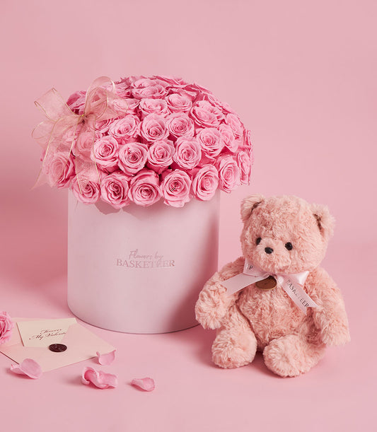 Sweet pink preserved roses with blush teddy bear Valentine's gift set