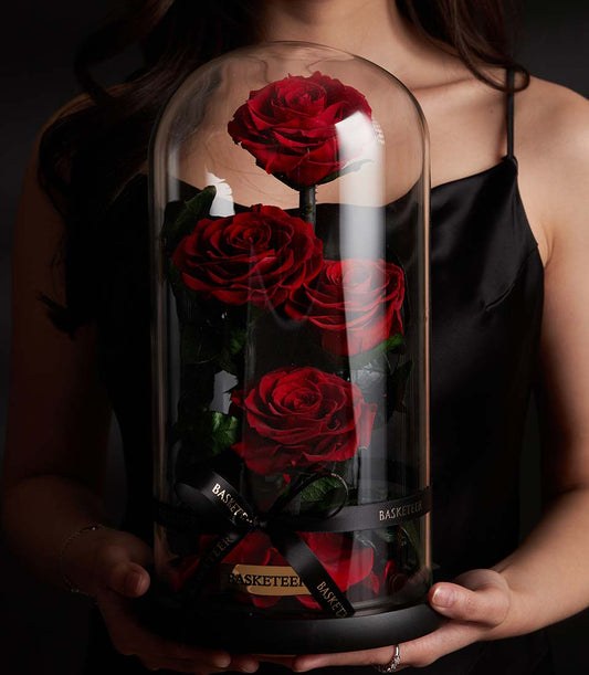 Red preserved roses in luxury glass dome, Valentine's gift from Flowers by Basketeer