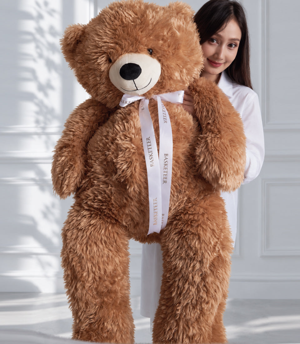 Generous Basketeer luxury gift: a huge, fluffy brown teddy bear with a