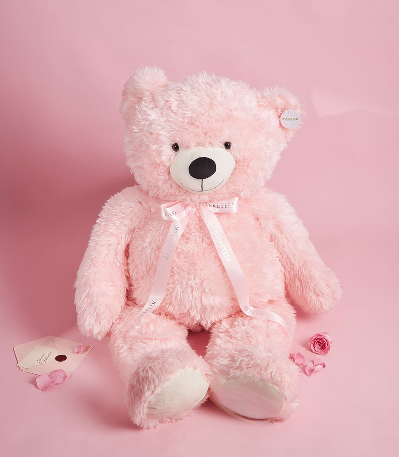 Giant pink teddy bear 120cm with ribbon, Valentine romantic gift hamper with roses and love note