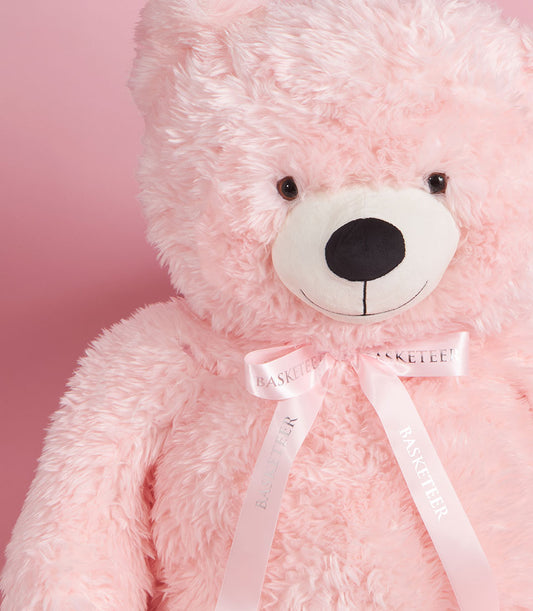Giant 120cm soft pink plush teddy bear with satin ribbon bow, luxury Valentine's gift hamper accent