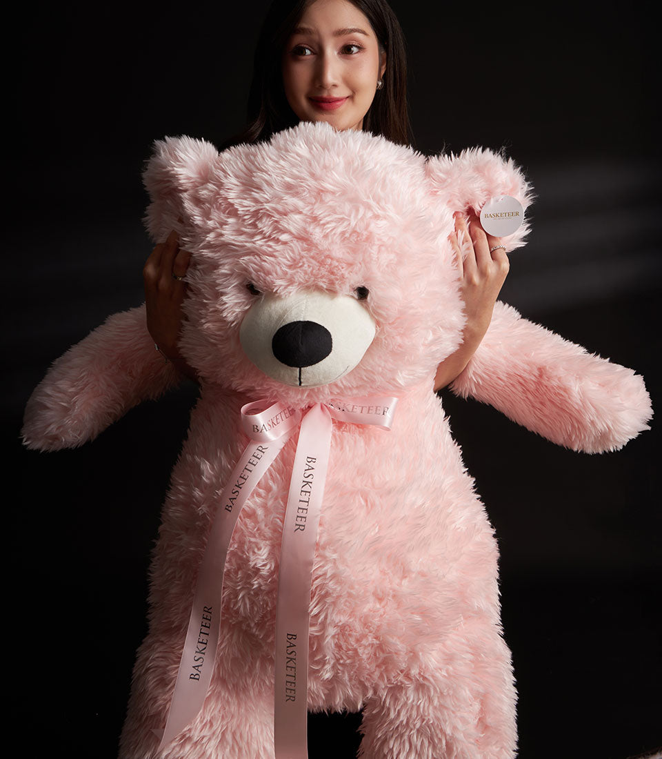 Giant 120cm light pink plush teddy bear with satin ribbon bow, Valentine romantic gift