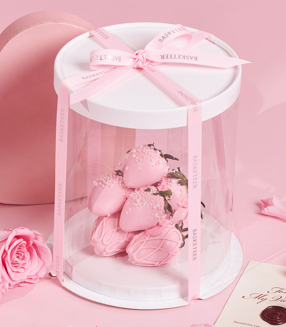 Pink chocolate-covered strawberries with white sprinkles in gift dome, Valentine's Day treat from Charlotte Bakery