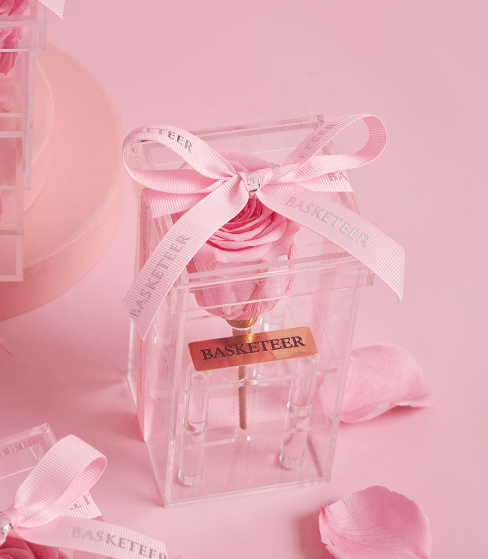 Tall pink preserved rose in clear acrylic VIP box with pink ribbon, Valentine's Day luxury flower gift