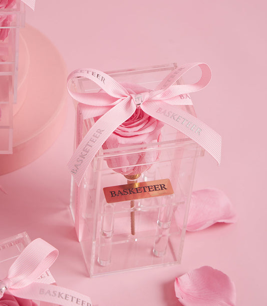 Tall pink preserved rose in clear acrylic VIP box with pink ribbon, Valentine's Day luxury flower gift