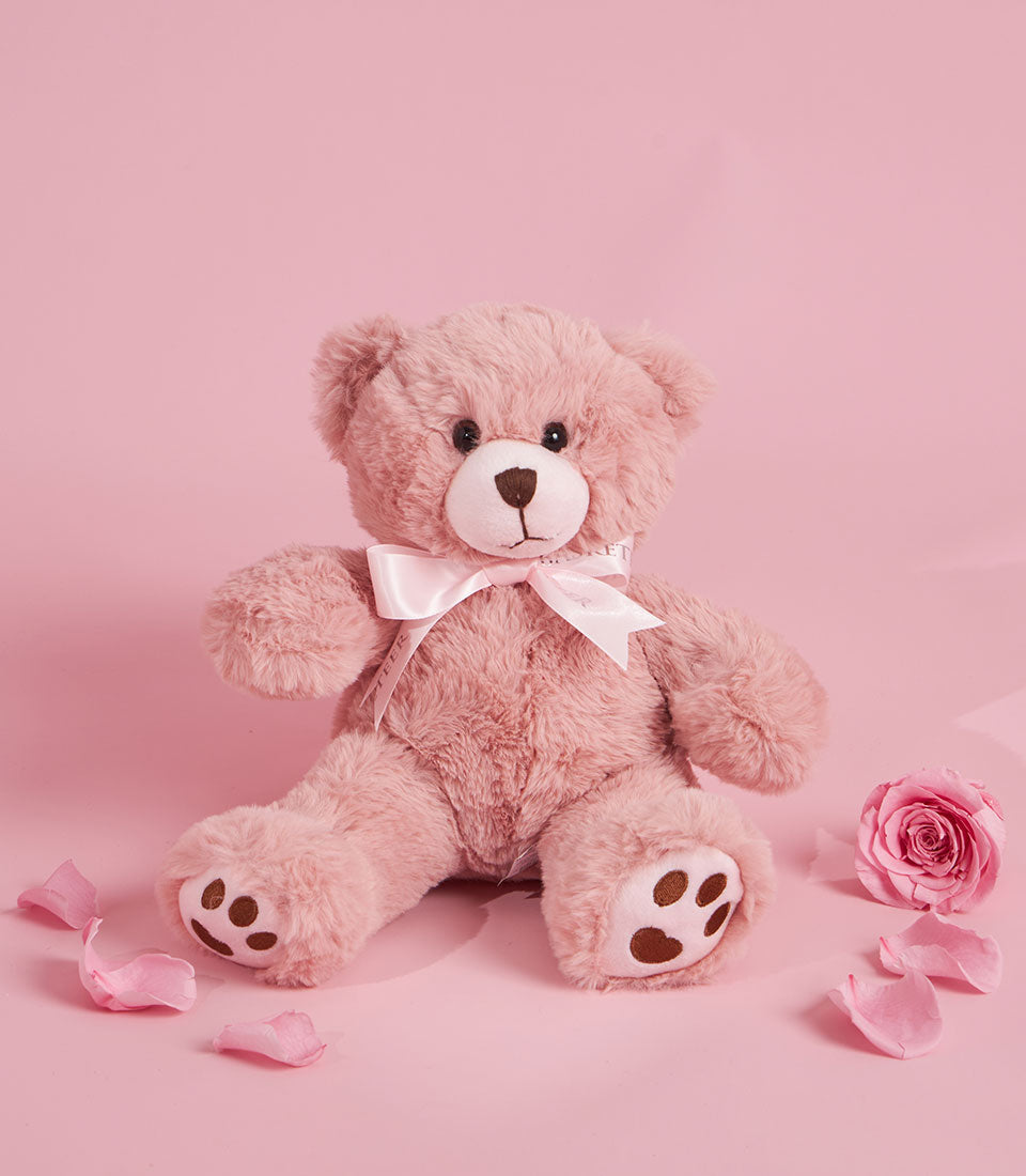 Soft pink preserved roses with plush teddy bear Valentine's gift set