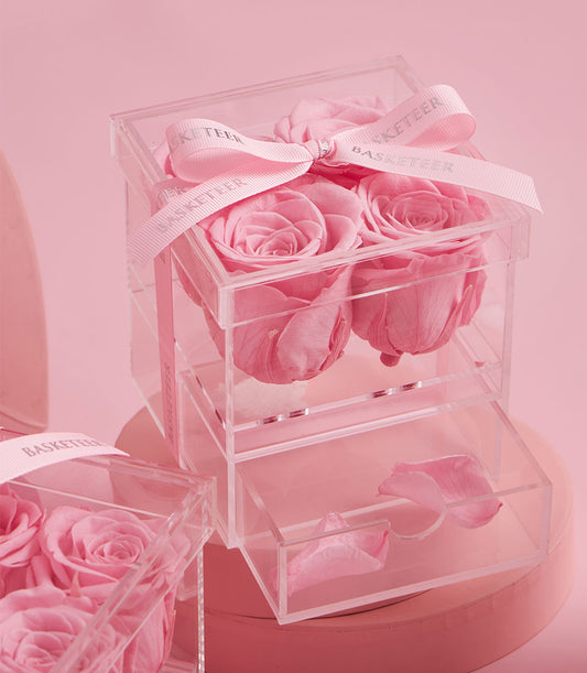 Flowers by Basketeer: Pink preserved roses in a VIP acrylic gift box with ribbon. Premium flowers, perfect for flower delivery Bangkok.