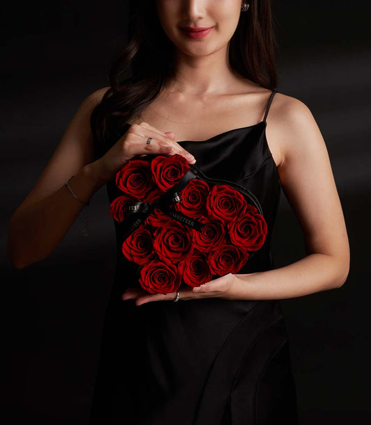Elegant Flowers by Basketeer heart box with vibrant red preserved roses, a romantic Valentine's gift. Order premium flowers Bangkok for same-day flower delivery.