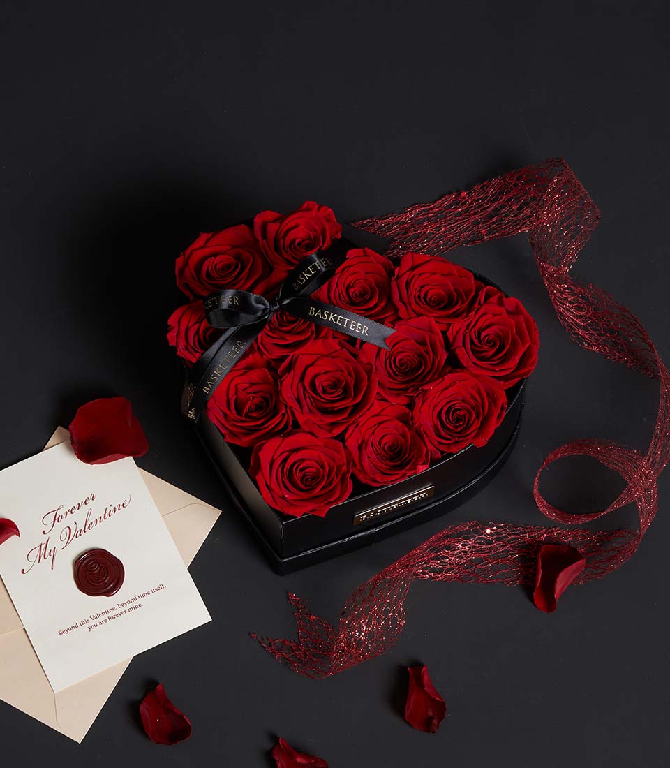 Luxury red preserved rose heart box with greeting card and mesh ribbon, Valentine's Day eternal love gift