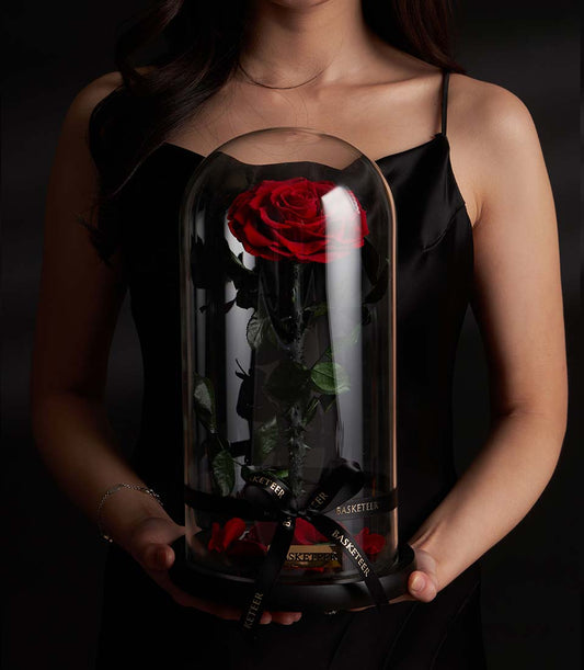 Preserved red rose in glass dome with black stem, Valentine's Day gift from Flowers by Basketeer