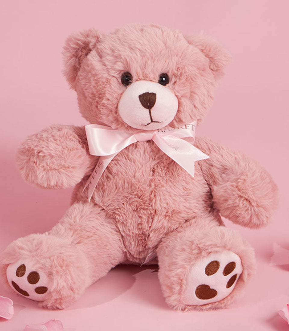 Soft pink 35cm teddy bear with satin bow, Valentine's Day gift add-on for luxury hampers