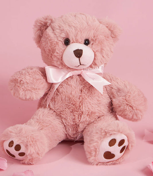 Soft pink 35cm teddy bear with satin bow, Valentine's Day gift add-on for luxury hampers