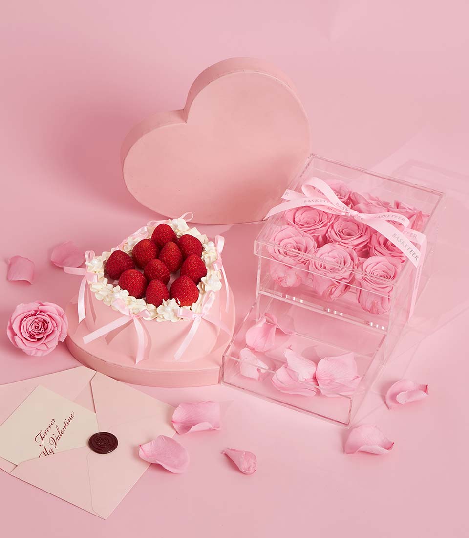 Pink heart cake with strawberry topping and 9 preserved roses Valentine's gift set