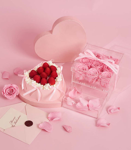 Pink heart cake with strawberry topping and 9 preserved roses Valentine's gift set