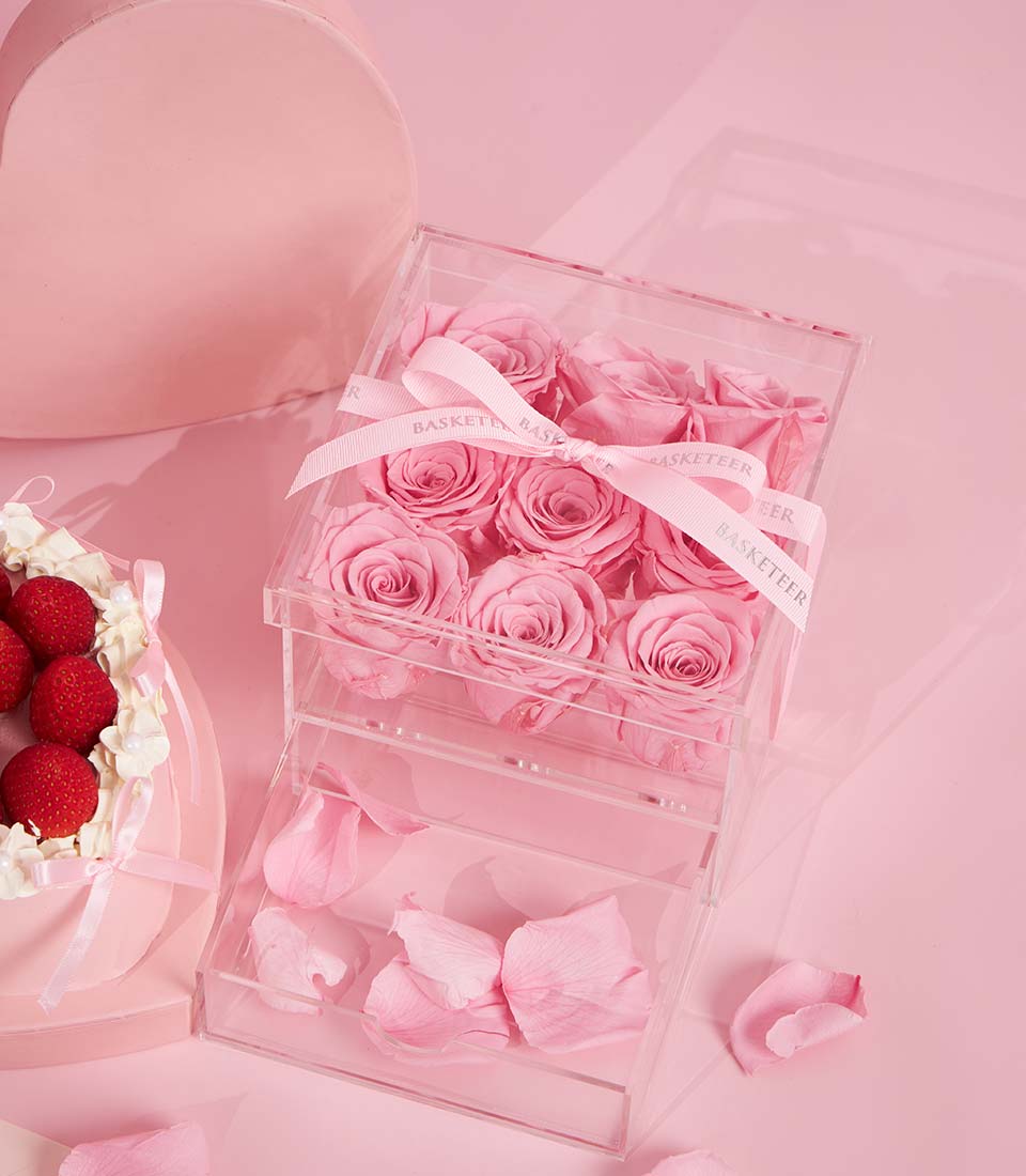 Pink preserved roses with heart-shaped strawberry cake and petals, Valentine's Day luxury gift set