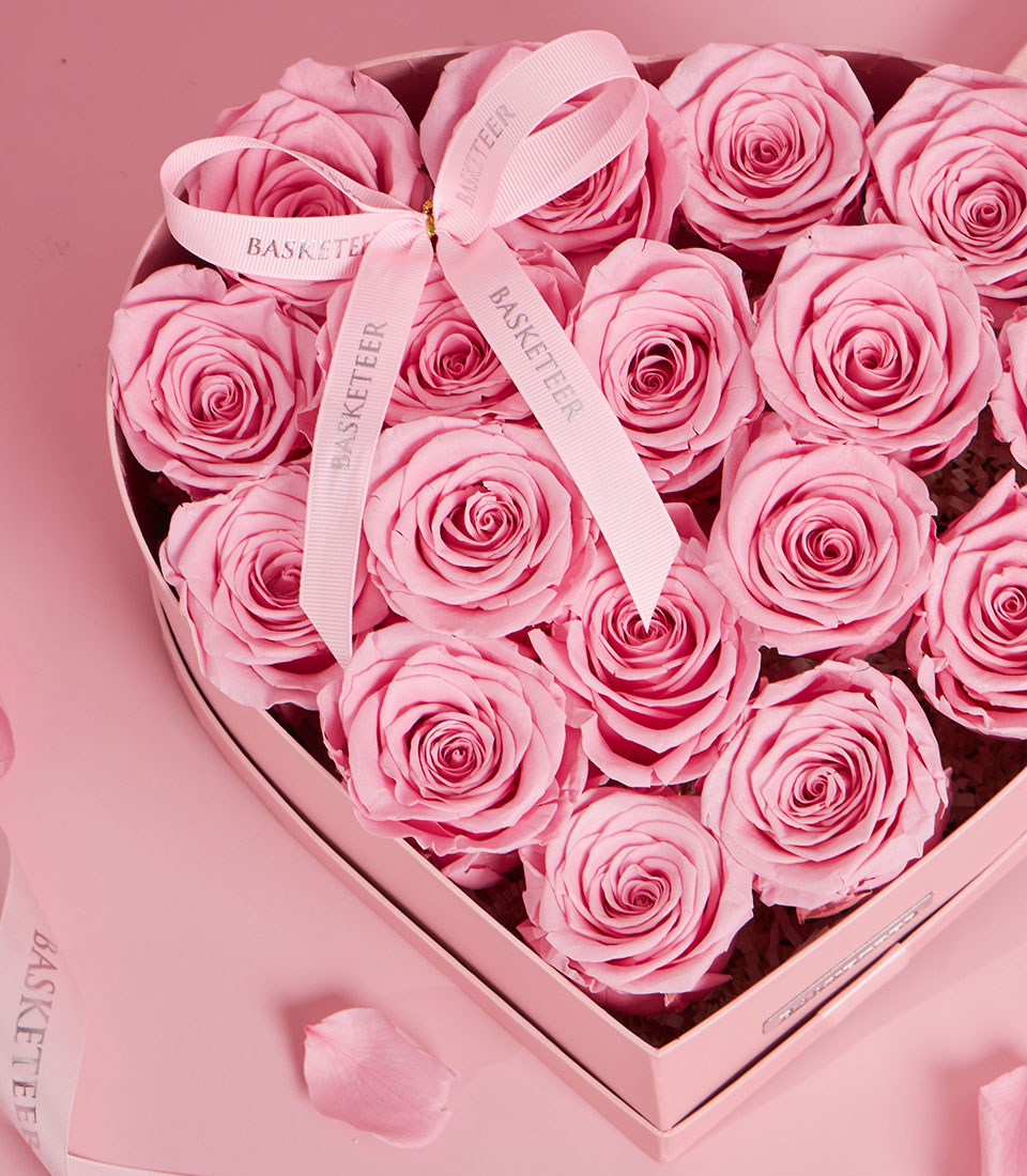 Grand pink preserved rose heart box with light pink ribbon, luxury Valentine's Day gift