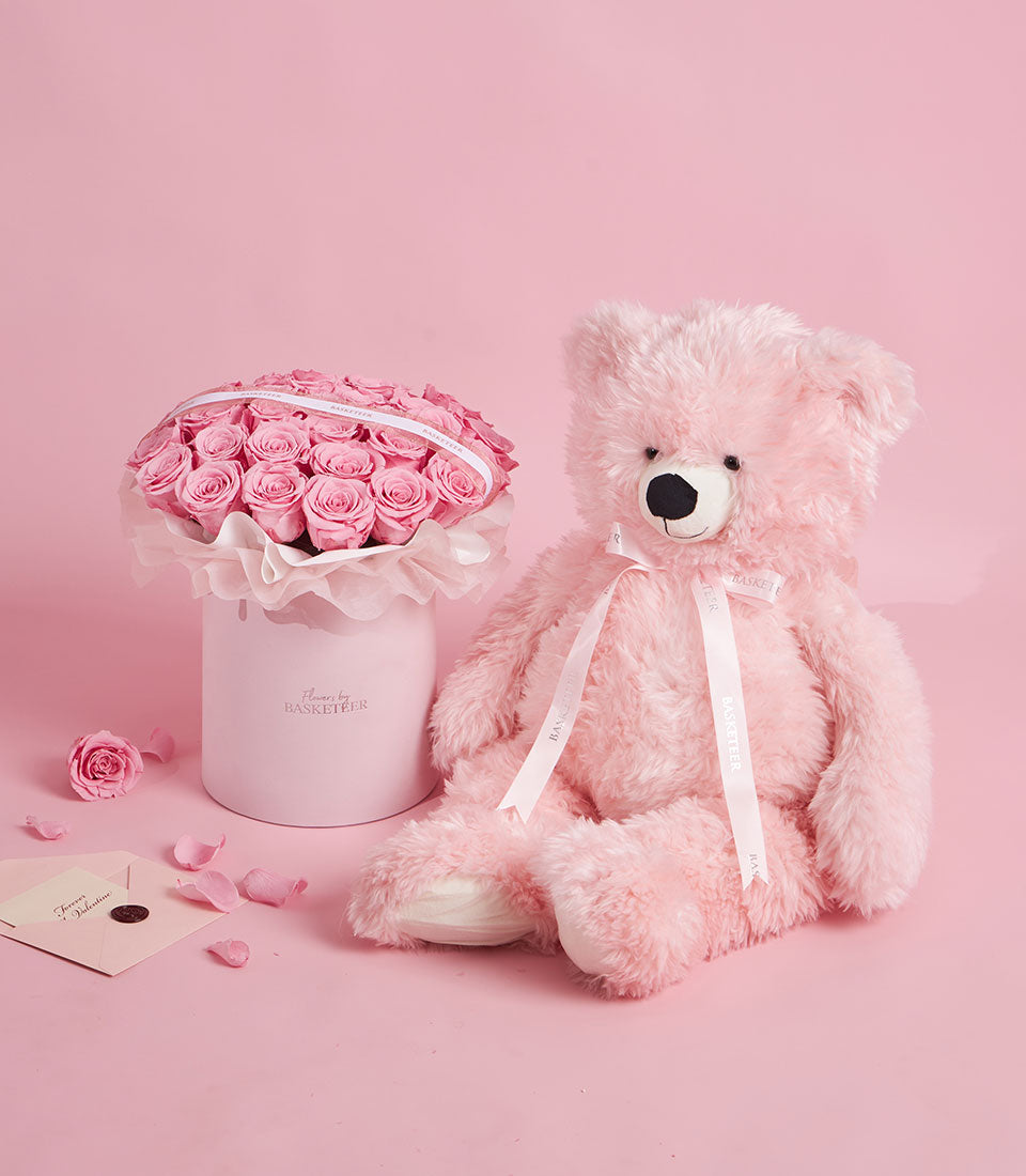 Pink preserved roses in hat box with oversized pink teddy bear Valentine gift set