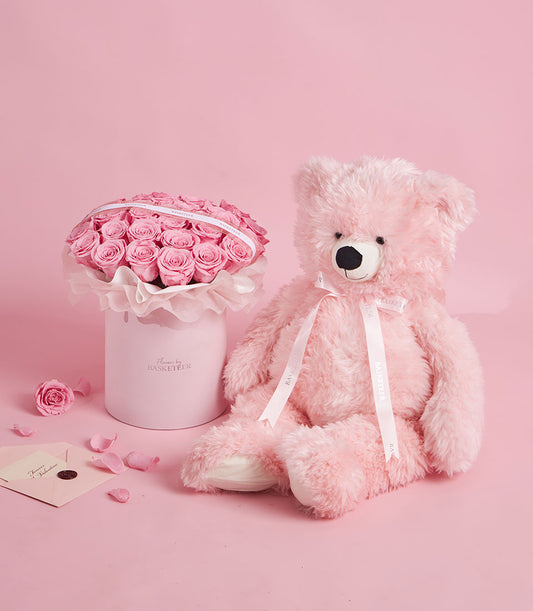 Pink preserved roses in hat box with oversized pink teddy bear Valentine gift set