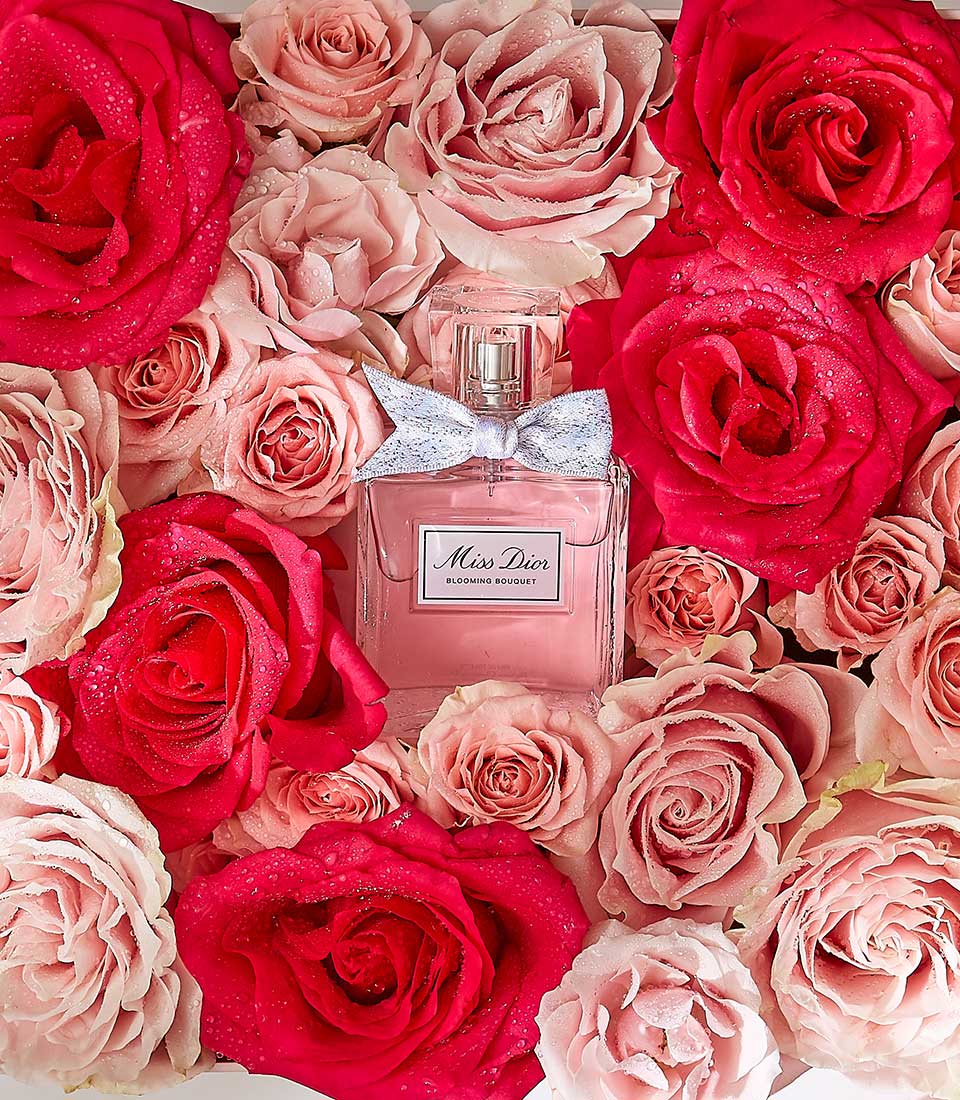 Miss Dior Blooming Bouquet perfume surrounded by fresh red and pink roses with water droplets