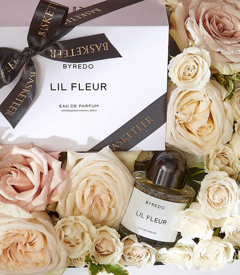 Byredo Young Rose Eau de Parfum gift box with cream and pink fresh roses, elegant birthday present from Flowers by Basketeer