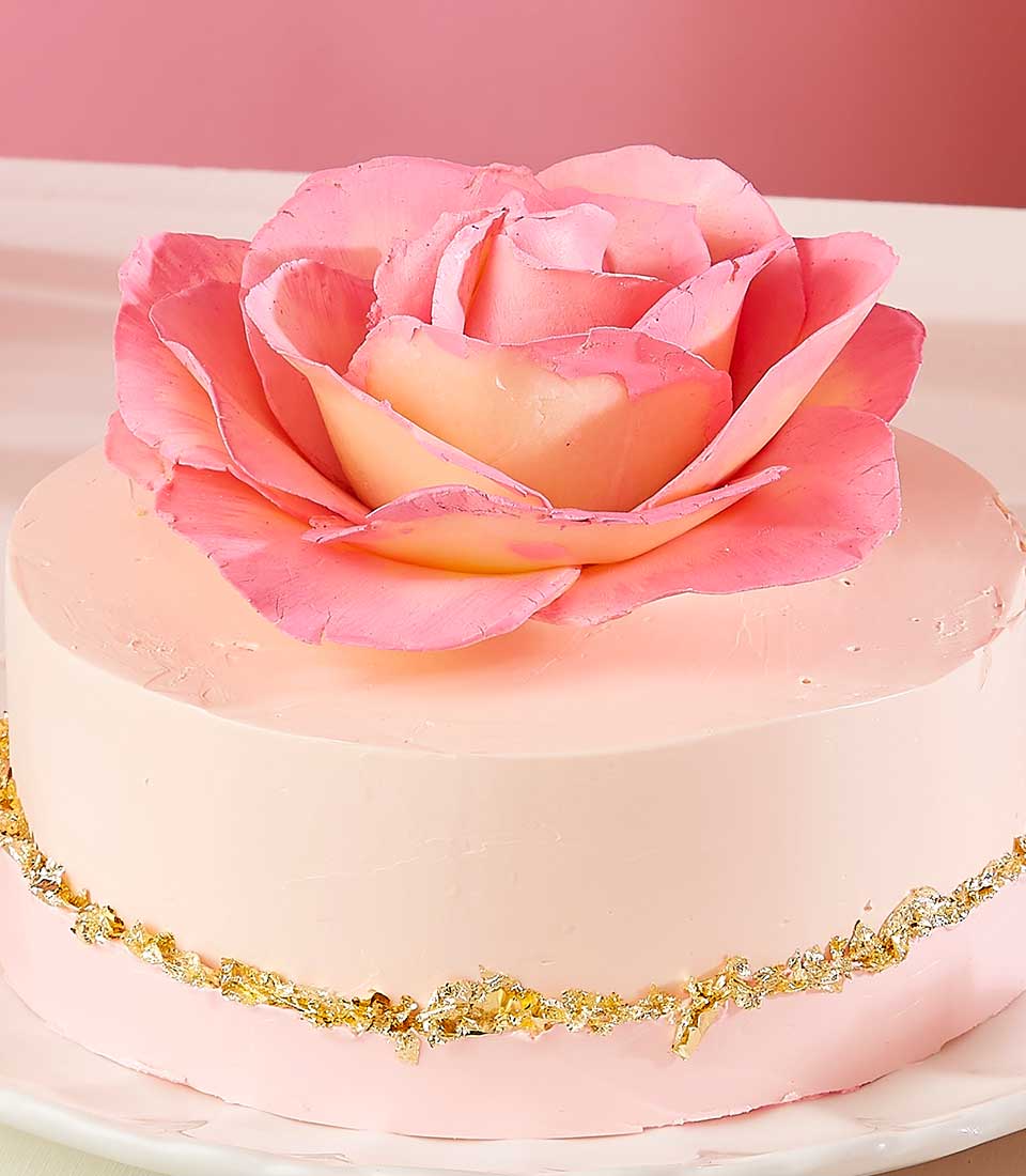 Pink rose layer cake with gold leaf band and handcrafted sugar rose for Valentine's Day