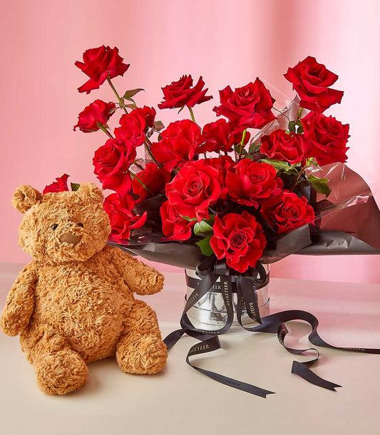 Red roses with brown teddy bear in glass vase, perfect birthday or Valentine's gift combo