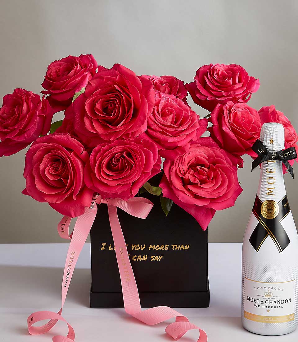 Pink rose bouquet with Moët champagne anniversary gift set, black luxury box with gold ribbon