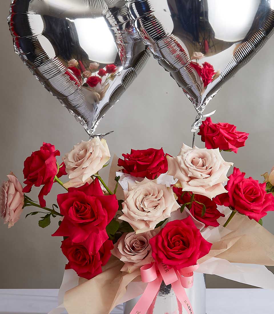 Sweet pink and red roses with heart balloons in silver vase, Valentine's Day gift set
