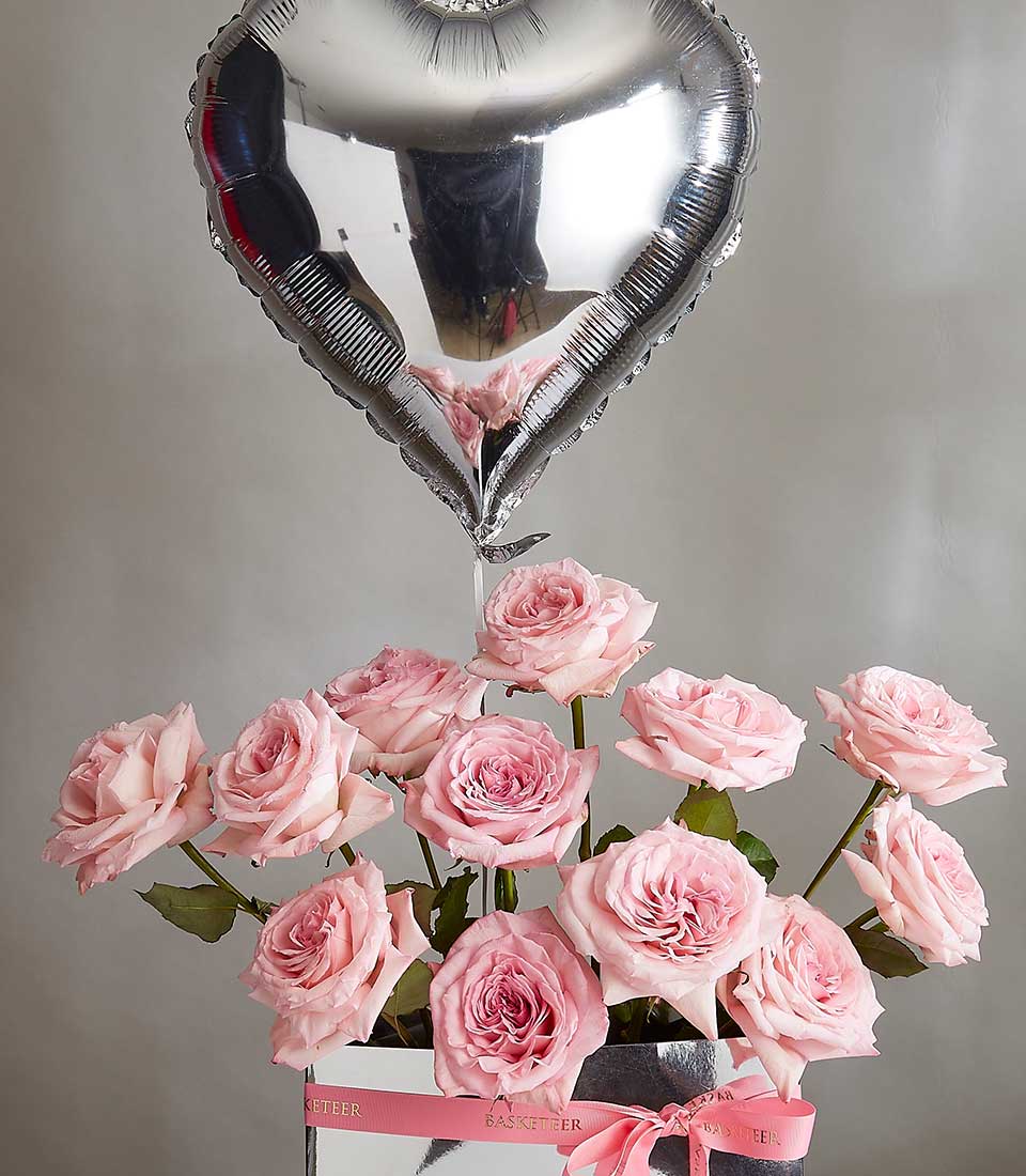Light pink roses with heart balloon in silver box, romantic Valentine's gift for her