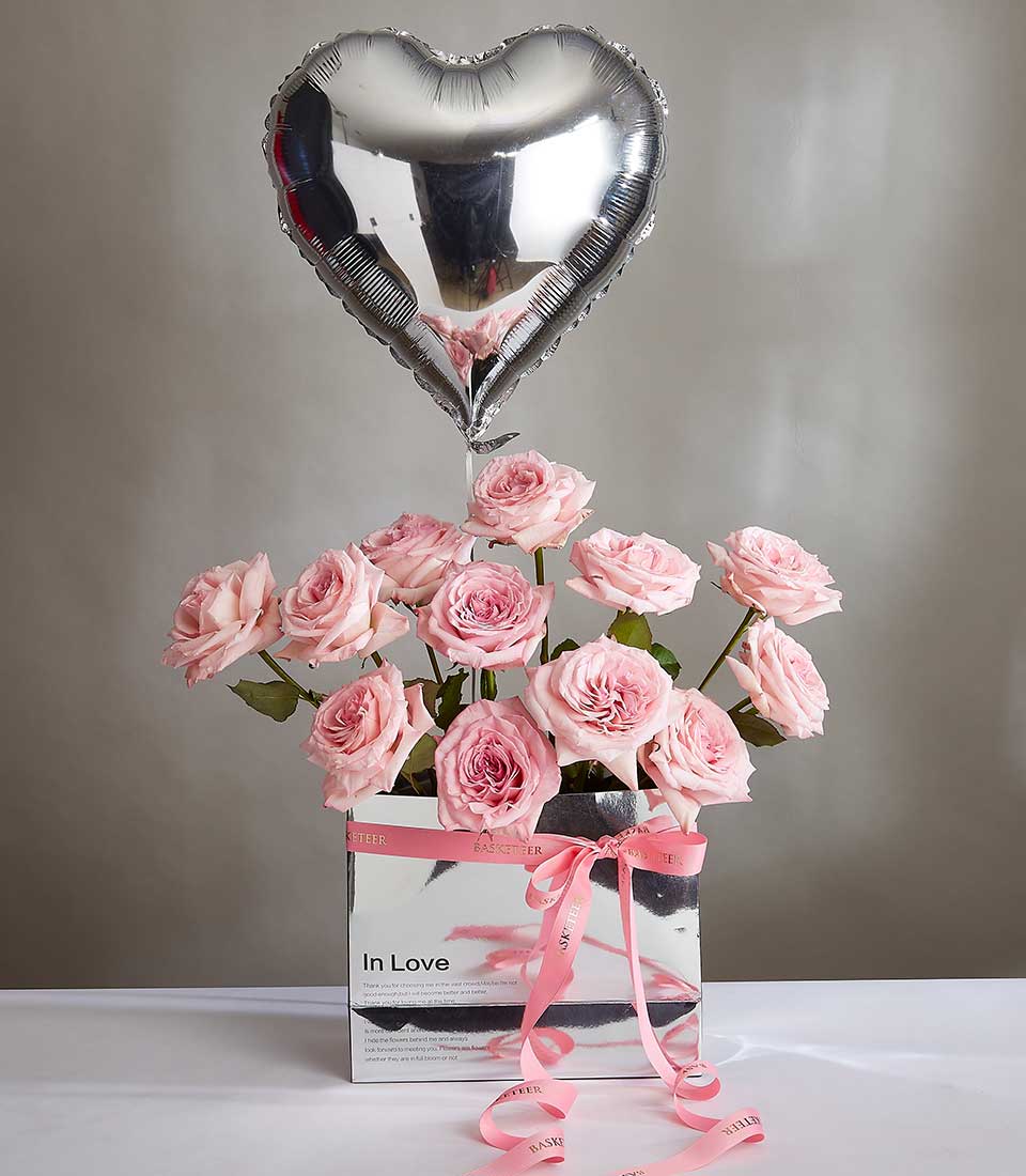 Light pink rose bouquet in silver box with heart balloon, Valentine's Day gift for her
