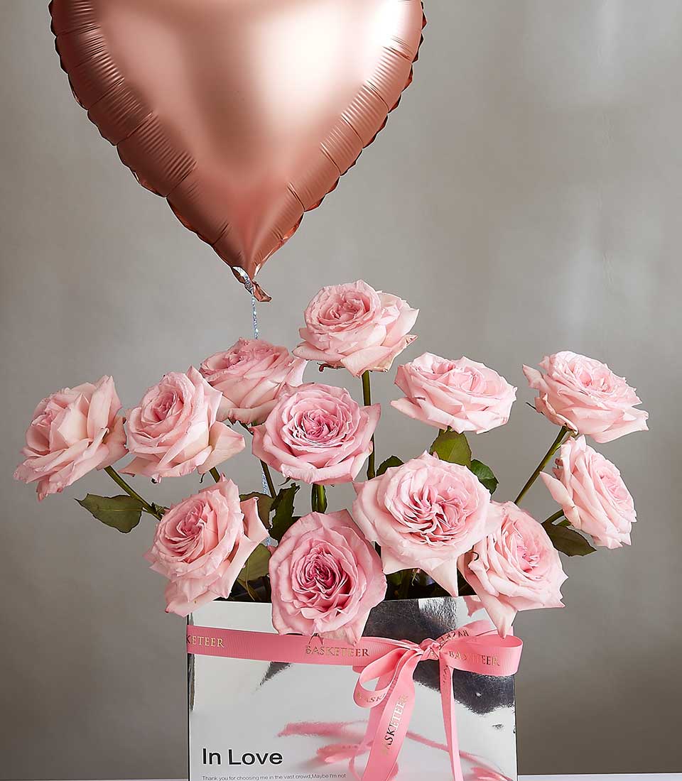 Light pink roses in silver box with rose gold heart balloon, Valentine's Day gift set