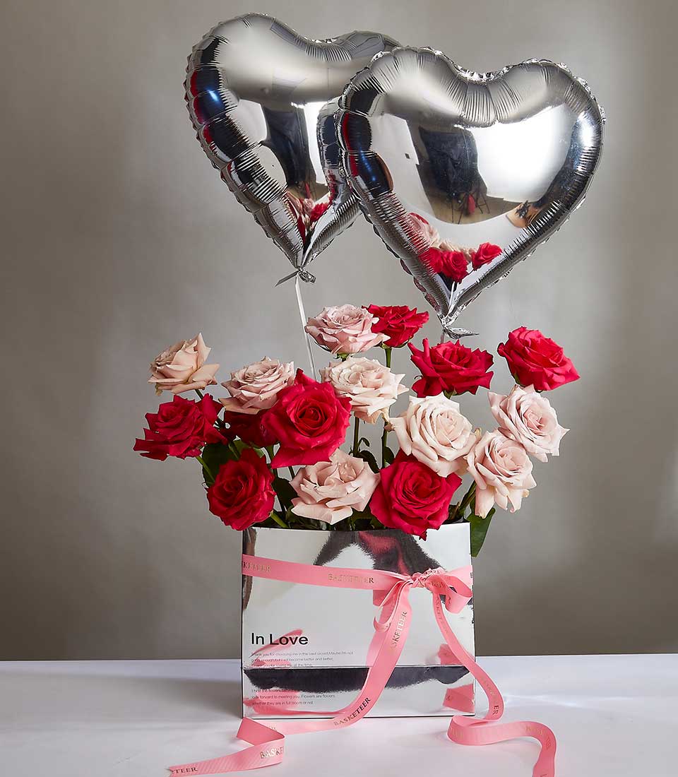 Pink Passion Balloon Ensemble with fresh red and blush roses in silver box, Valentine's Day gift for her
