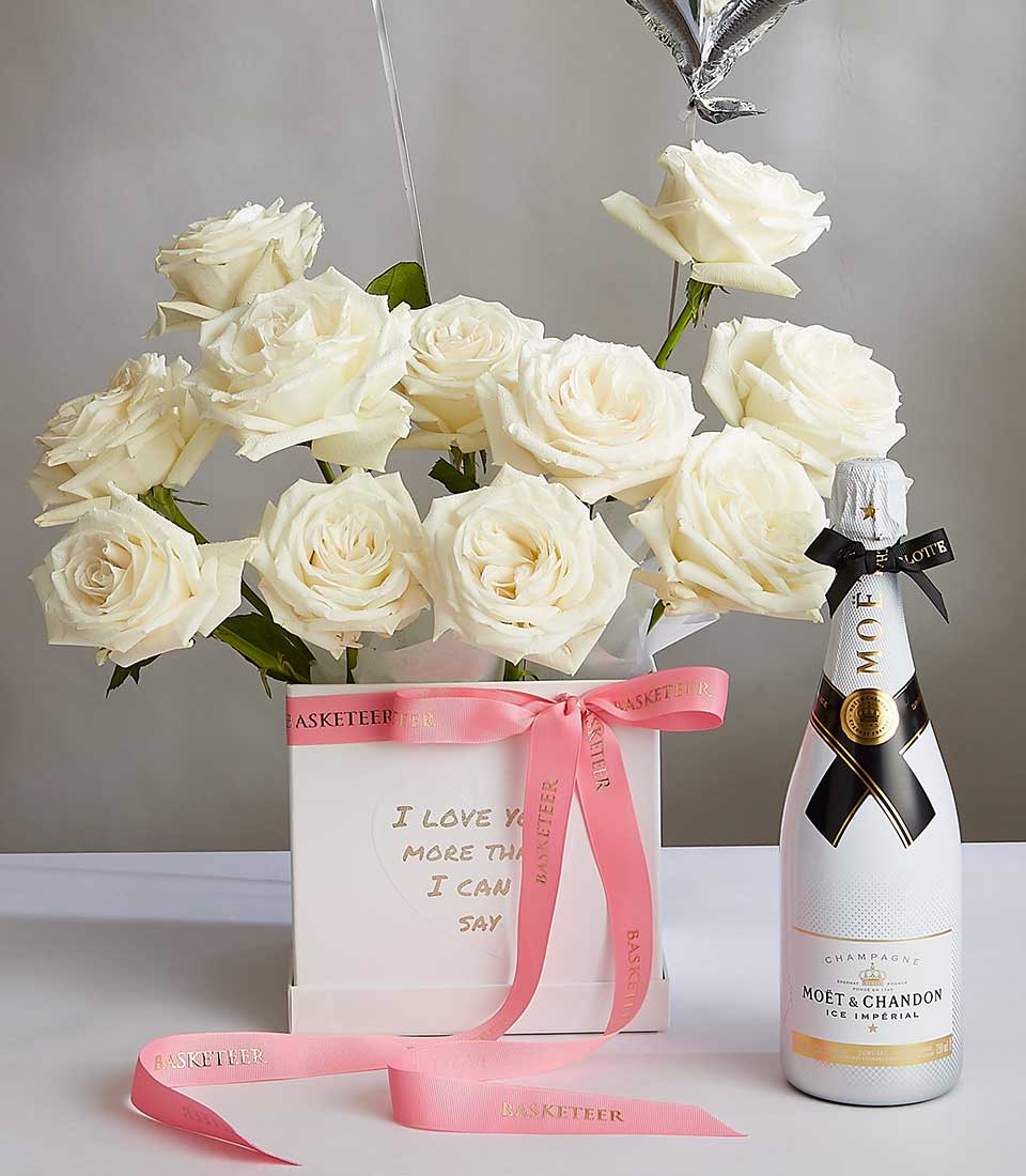 White roses with Moët champagne and love message gift box, luxury anniversary celebration set