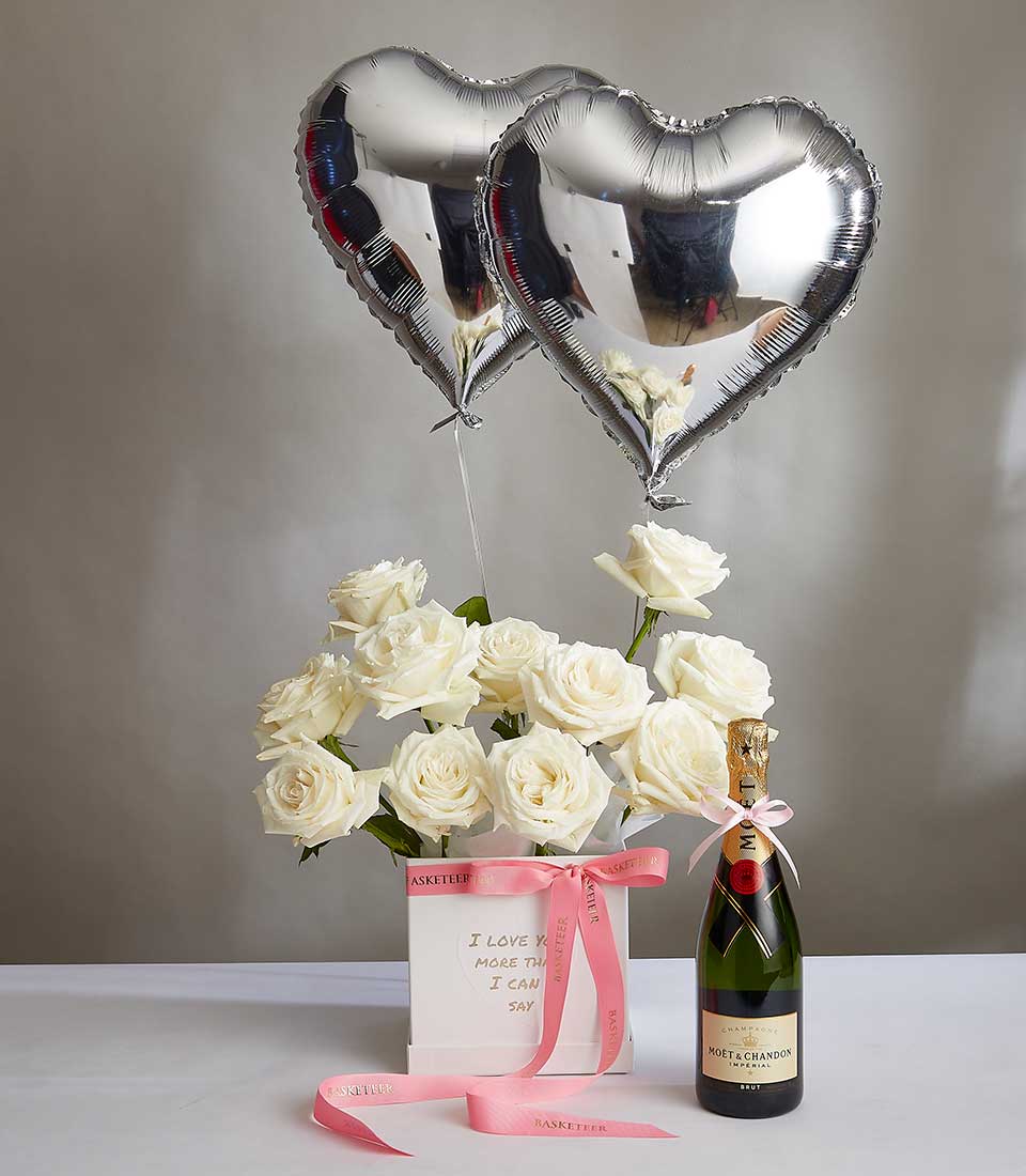 White roses with champagne and heart balloons anniversary gift set