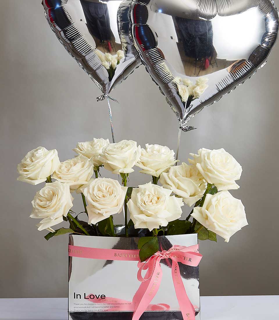White roses with heart balloons in silver gift box, Valentine's romantic flower combo with pink ribbon