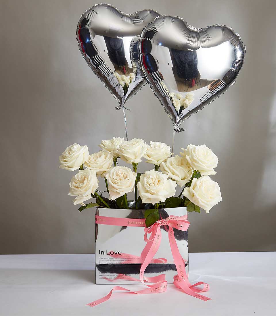 White roses in silver gift box with heart balloons, Valentine's Day romantic flower combo set