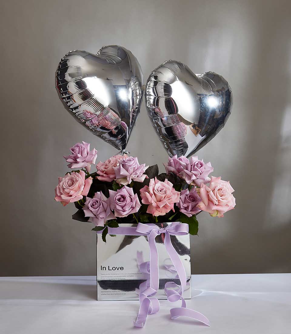 Pink and lavender roses with heart balloons in silver gift box, Valentine's Day combo set for her