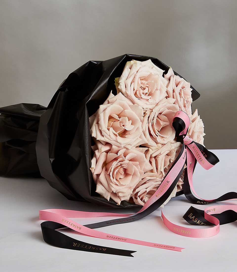 Light pink Ecuador roses with black and pink ribbon, Valentine bouquet for her