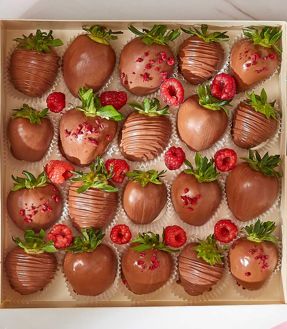 Deluxe chocolate-covered strawberries and raspberries gift box for birthday celebrations