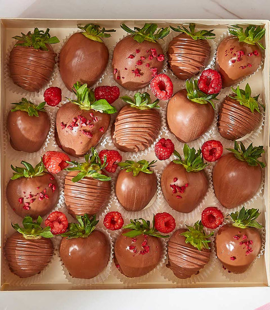 Deluxe chocolate-covered strawberries and raspberries gift box for birthday celebrations