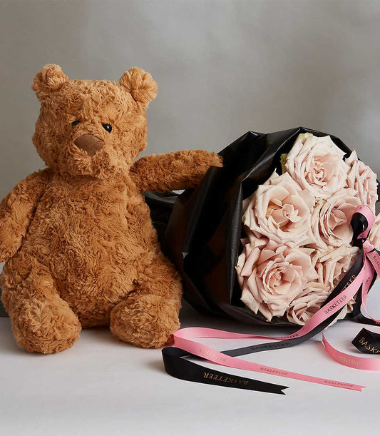 Light pink roses with plush teddy bear, black-wrapped romantic Valentine's combo gift