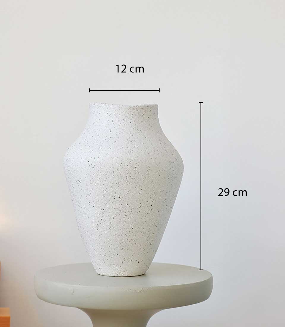 Minimalist white speckled ceramic vase with organic tapered shape, 29cm tall