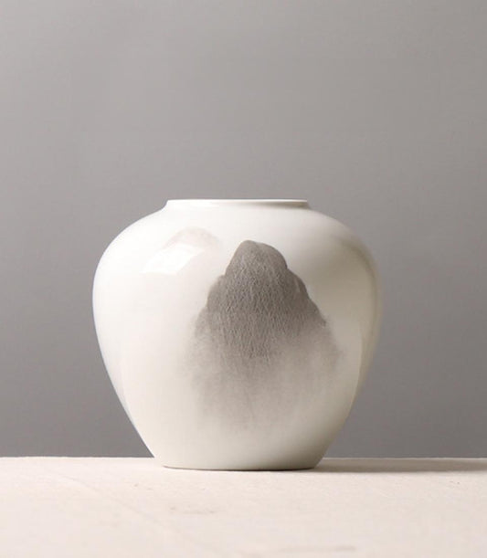 Whispering Mist ceramic vase with grey mountain landscape design in East Asian ink wash style