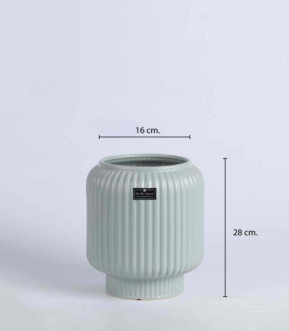 Light sage green ceramic vase with ribbed texture and tapered cylindrical body, 28cm tall