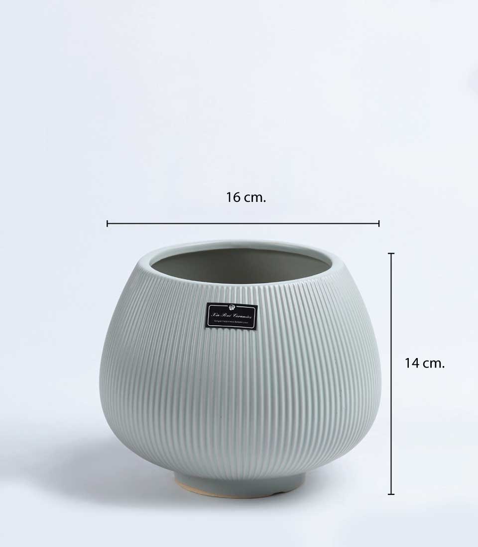 Light grey ribbed ceramic vase with rounded squat shape, 16cm diameter, 14cm height