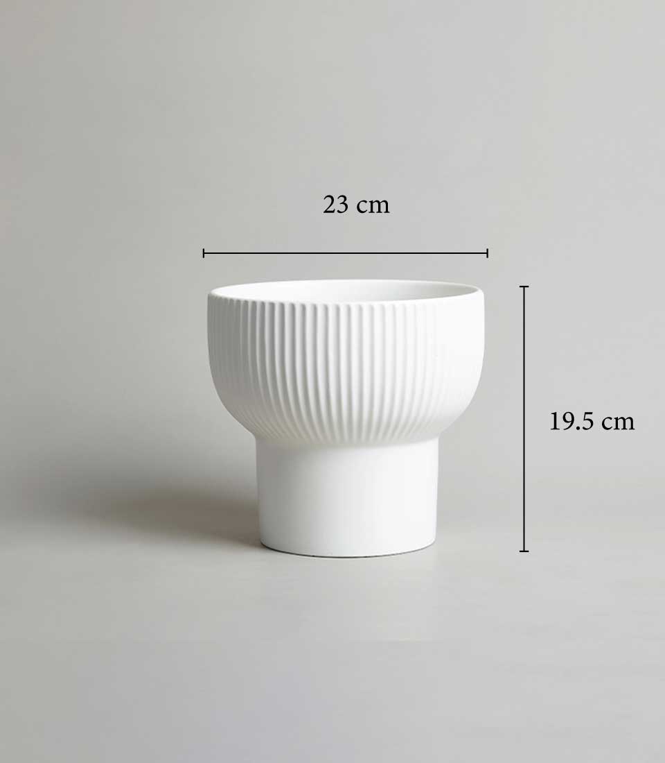 White ribbed ceramic planter with modern tapered design, 23cm wide, ideal for orchids and premium plant gifts
