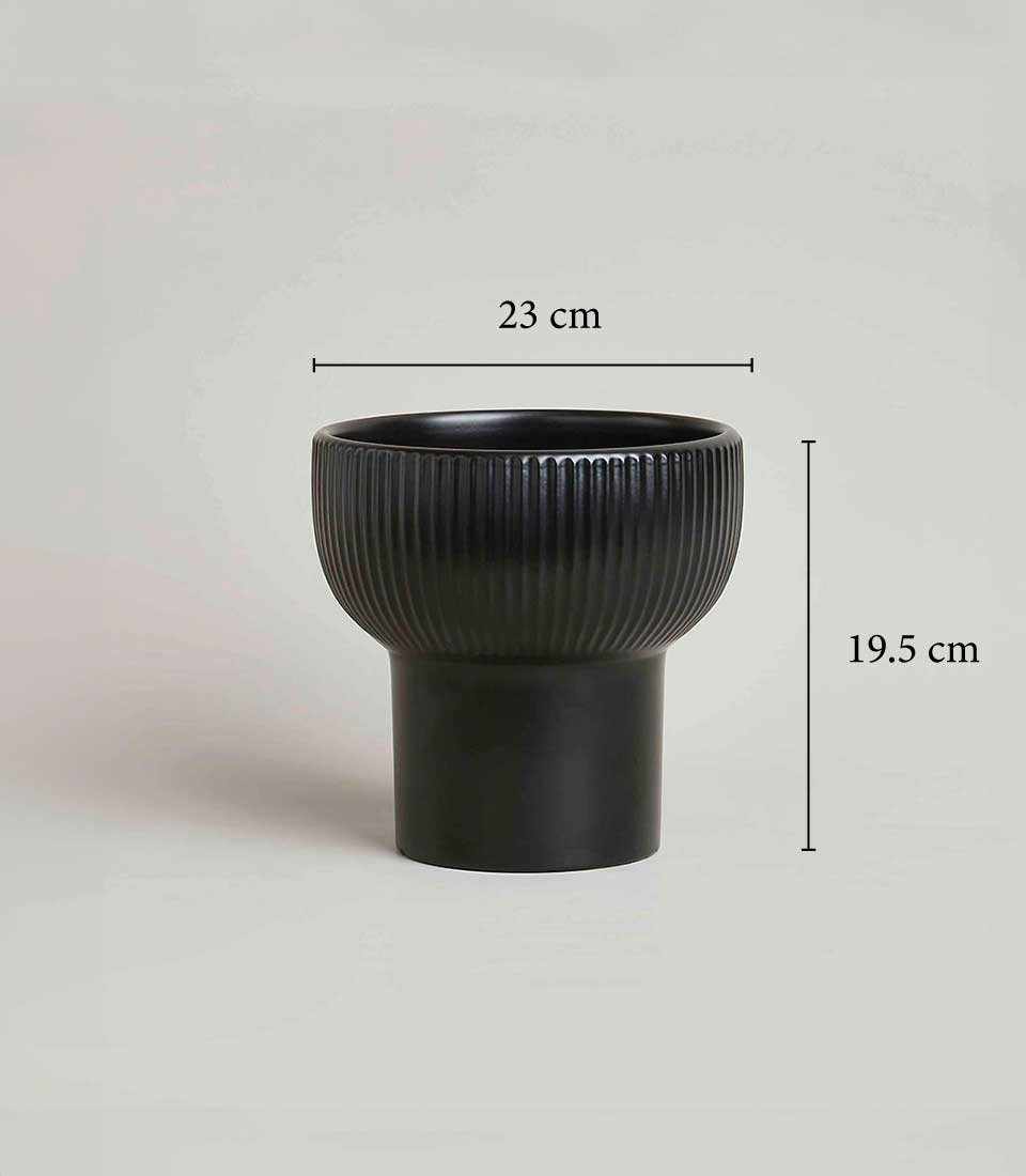 Black ribbed ceramic planter, 23cm wide, for orchids and indoor plants