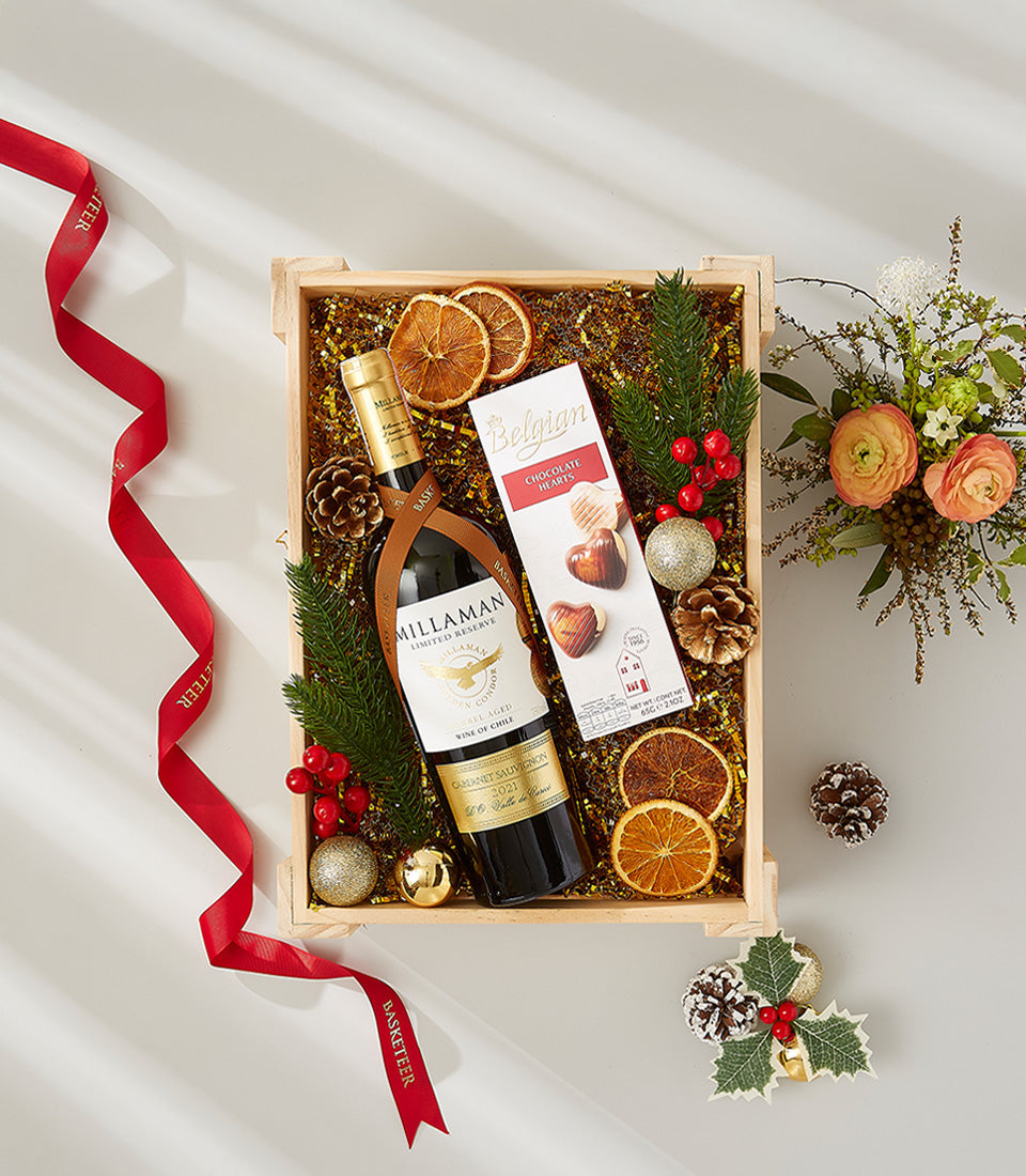 Millaman Limited Reserve Cabernet Sauvignon 2021 in wooden crate with Belgian chocolate hearts, festive gold filler, dried