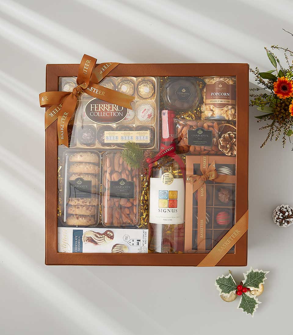 Premium gift box with white wine, Ferrero chocolates, Charlotte cookies and almonds, golden ribbon