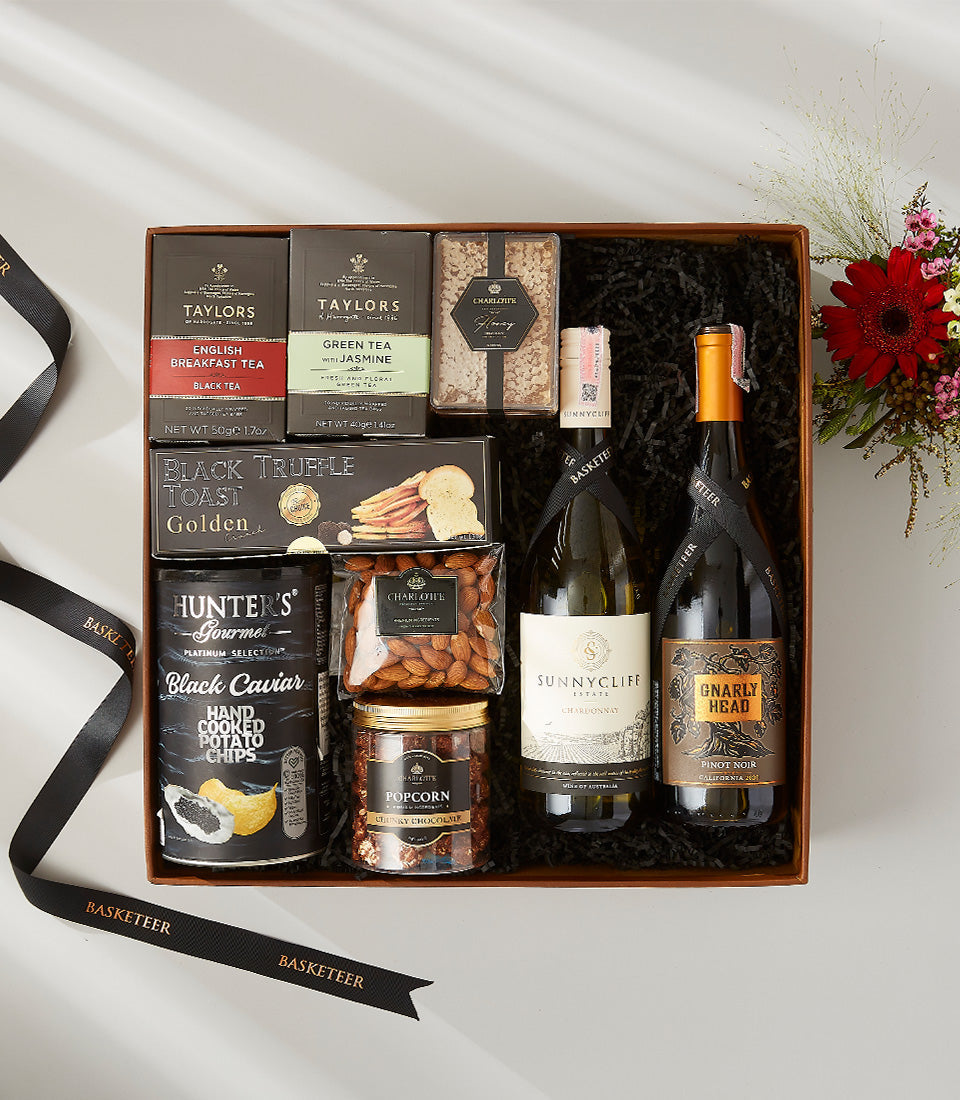 Sunnycliff Estate Chardonnay and Pinot Noir wine hamper with gourmet crackers, caviar crisps, chocolate popcorn, honey,